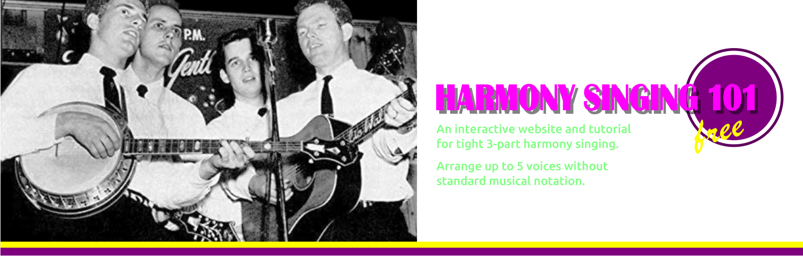 header showing a photo of the Country Gentlemen of the 60s, and the title of the website, Harmony Singing one-o-one
